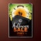 Halloween Sale vector illustration with coffin, zombie hand, bats, monn and Holiday elements on green background