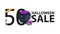 Halloween sale, white banner with 50% off and witch`s cauldron with potion