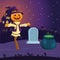 Halloween scarecrow cartoon with grave and witch bowl vector design