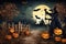 halloween, scarecrow in front of the old house, around pumpkins and mystical forest, flying bats on big full moon background