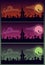 Halloween scary cartoon illustrations set. Creepy old graveyard landscape.