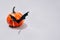 Halloween scary concept - decorative orange pumpkin with bat shape mustache on light gray background with copy space