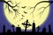 Halloween scary graveyard background with trees, crosses and bats. Halloween. Silhouette of a tombstone. Printed labels and