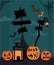 Halloween scary postcard with night view. Jack o lanterns with weird facial expressions eating pumpkins, witch`s broom with wooden