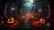 Halloween scary pumpkin candles and dry leaves halloween background