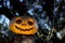 Halloween scary pumpkin in the gren tree brushwood