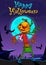Halloween scary pumpkin head scarecrow,vector postcard