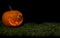 Halloween scary pumpkin lights from inside on a forest moss.