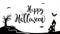Halloween scene in black and white with animated text.