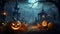 Halloween scene with burning pumpkins jack o lanterns in wood