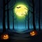 Halloween scene. Haunting nightmare hallowen background, cartoon horror scenery