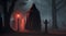 halloween scene , mysterious figure cloaked in a red cape Horror Background , graveyard