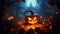 Halloween scene setter  - a pumpkin with a carved face and candles in front of a haunted house