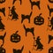 Halloween seamless  background. Black silhouette of witchs, bats, spiders, pumpkins