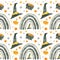 Halloween seamless pattern with black rainbows and witch cauldrons, orange potions and hats.