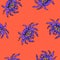 Halloween seamless pattern with cartoon gigantic purple spiders on the orange background.