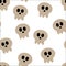 Halloween seamless pattern with cartoon skulls and halloween elements, white background, cute halloween