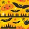 Halloween seamless pattern With Castle, Pumpkin, stars, bats, Black cat, yellow orange red background. Vector