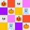 Halloween seamless pattern. Colorful spooky characters on bright plaid background. Pumpkins, ghost, human skull. Cartoon