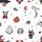 Halloween seamless pattern with creepy and spooky characters hand drawn on white background - ghost, clown, vampire