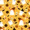 Halloween seamless pattern with cute ghosts in hats, funny pumpkins, bats, skulls and stars. Bright vector background