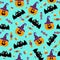 Halloween seamless pattern design. Cute bat, pumpkin in witch hat and candies on turquoise background