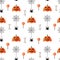 Halloween seamless pattern with flat icons pumpkins and spiders on a white background.