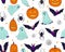 Halloween seamless pattern. Ghosts, bats, pumpkin heads and spiders.