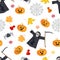 Halloween seamless pattern. Grim Reaper, Spider, scary pumpkin, cobweb, autumn yellow, orange fallen leaves, candies