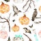 This halloween seamless pattern included magic cauldron,potion bottles,bats,ravens,spider,branches and crazy pumpkin.