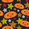 Halloween seamless pattern With kawaii Pumpkin, stars, night sky, Black yellow orange red background. Vector