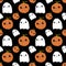 Halloween seamless pattern with kawaii pumpkins and ghost on black background for gifts and party