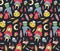 Halloween seamless pattern. Kids and cats in costumes with sweets on the polka dot background. Vector illustration.