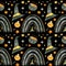 Halloween seamless pattern with orange rainbows and witch cauldrons, potions and hats