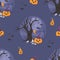 Halloween Seamless pattern with pumpkin jack lantern in witch hat in night spooky forest cemetery with moon on blue
