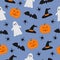 Halloween seamless pattern. Pumpkins, bats, spiders ghost and witch hat on blue background.