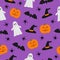 Halloween seamless pattern. Pumpkins, bats, spiders ghost and witch hat on violet background.