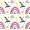 Halloween seamless pattern with purple rainbows and witch hats.