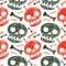 Halloween seamless pattern with red and black skulls and bones.