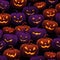 Halloween seamless pattern with scary pumpkins on dark background. Vector illustration. Halloween spooky pumpkins with glowing