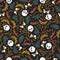 Halloween. Seamless pattern with skulls butterflies moths ferns berries.