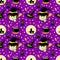 Halloween Seamless Pattern Witch Face with Black Cat, Hat, Flying Witch over Moon and Cauldron on Purple Background