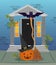 Halloween season scene with house door and pumpkin