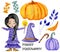 Halloween set. Black-haired witch in a purple dress with mushrooms and orange boots. Magic wand in hand. Candy, pumpkins, branches