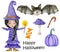 Halloween set. Black-haired witch in a purple dress with mushrooms, witch`s hat. Magic wand in hand. Candy, bat, purple pumpkin