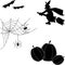 Halloween set of cobweb, spiders, witch on broomstick, bats, black silhouettes on white