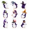 Halloween set of cute dancing penguins. Different hats, various poses. Cartoon vector illustration