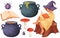 Halloween set of cute young witch, books with spell, enchantment, fly agaric, mushroom, cauldron with potions and funny bubbles