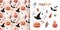 Halloween set with decorative seamless pattern and cute seasonal elements