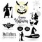 Halloween set, drawn Halloween symbols pumpkin, broom, bat, spider webs, magic hat, castle, hunting tree, witch woman, 31 October 